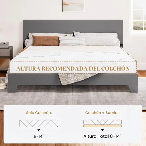 Vista 8 de SHA CERLIN - Base de cama tapizada tamaño King en color gris claro con cabecero ajustable, soporte de listones de madera, no necesita somier, fácil