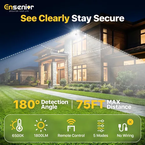 Vista 3 de Ensenior - Luz de seguridad solar con 5 modos de sensor de movimiento, 1800 lm, 270° de ángulo amplio, 3 cabezales de luces LED de inundación