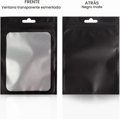Vista 4 de 100 bolsas de Mylar resellables, a prueba de olores, con ventana transparente; bolsa de papel aluminio, plana, con cierre resellable. Negro