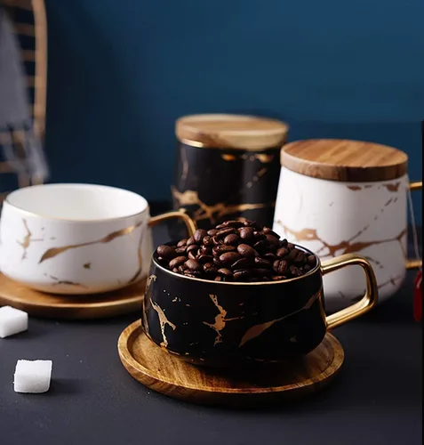 Vista 3 de Jusalpha Juego de taza de té de 10 oz con impresión de mano dorada y platillo/Juego de taza de café y platillo de bambú TCS19 (Negro)