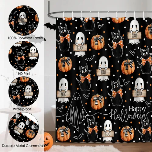 Vista 5 de Mocsicka Cortina de ducha de Halloween con dibujos animados, fantasma, lindo gato negro, calabaza, cortina de ducha de baño, cortina de ducha