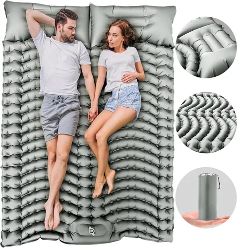Vista 9 de Almohadilla de dormir doble autoinflable de 4 pulgadas de grosor para acampar de 2 personas, bomba de pie integrada, almohada ergonómica y diseño