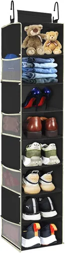 Vista 10 de Organizador de zapatos colgante de gran tamaño con 8 estantes, organizador colgante de armario con 8 bolsillos laterales, estantes colgantes más