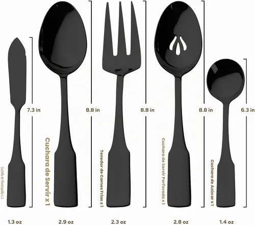 Vista 4 de Alata Kate Black Mirror - Cubiertos de 45 piezas con juego de utensilios para servir utensilios, servicio para 8, cubiertos de acero inoxidable Negro