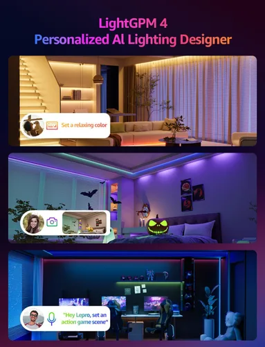 Vista 2 de Lepro SE1 AI - Tira de luces LED inteligentes – Tiras de luz RGB que cambian de color de 16.4 pies con control de aplicación, iluminación generada