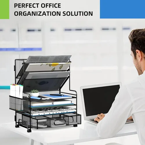Vista 5 de MINDEPOT Organizador de papel de 4 niveles + soporte para archivos de 3 bolsillos + cajón + soportes para bolígrafos, organizador de archivos