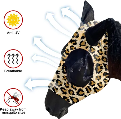 Vista 4 de Máscara de mosca de caballo UV mejorada con orejas – Protector solar equino Lycra Quiet Ride Elasticity Fly Mask con protección para los oídos