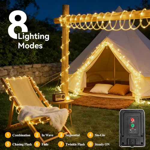 Vista 2 de Ollny Cuerda de luces solares para exteriores, 33 pies, 100 luces LED de color blanco cálido con control remoto, 8 modos de luz impermeable