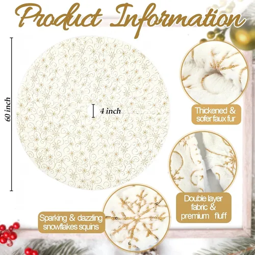 Vista 3 de Libima Falda grande de árbol de Navidad de 60 pulgadas, color blanco con copos de nieve de lentejuelas doradas, falda de árbol de Navidad de piel
