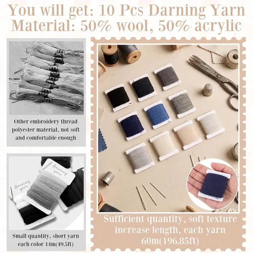 Vista 6 de Jexine 10 Pcs Darning Thread 50% Wool 50% Acrylic Yarn 600m Darning Kit Regular