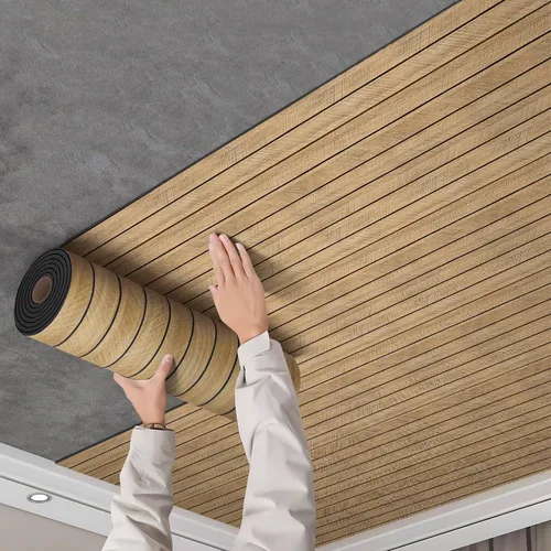 Vista 3 de Chejiaye Panel de pared 3D de listones de grano de madera, 15.75 x 118 pulgadas, adhesivo de pared autoadhesivo insonorizado, resistente a