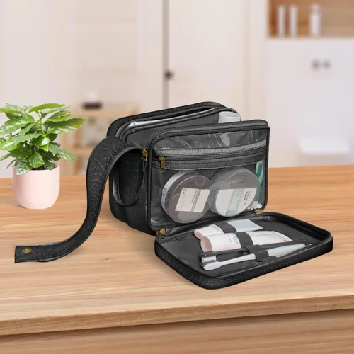 Vista 4 de Dot&Dot Neceser de cuero para hombres y mujeres – Espaciosas bolsas de artículos de tocador de viaje para mujer (cocodrilo negro)