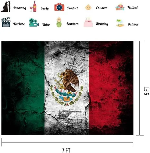 Vista 2 de EOA - Telón de fondo de fotografía de bandera mexicana grunge de 7 pulgadas de ancho x 5 pies de alto, para fiestas de vacaciones, fondo de cactus
