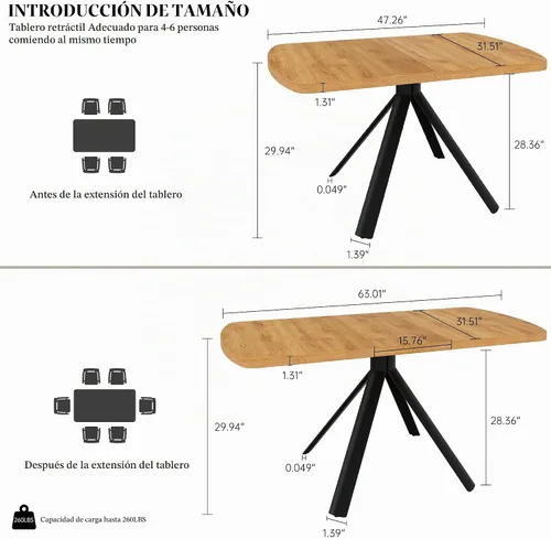 Vista 2 de HIPIHOM Mesa de comedor extensible para 4-6 personas, mesa rectangular de madera MDF de 47.2 a 63 pulgadas, estilo rústico de granja, diseño que