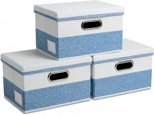 Vista 16 de PRANDOM Contenedores de almacenamiento con tapas [paquete de 3] cajas de almacenamiento plegables de tela de lino, canastas organizadoras, cubos