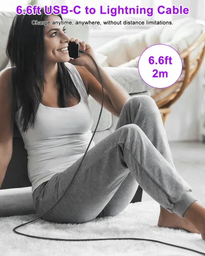 Vista 6 de Cable USB C a Lightning de metal de 6.6 pies, cable de carga a prueba de mordidas para gatos y perros, carga rápida y sincronización de datos, cable