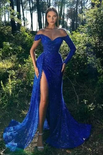 Vista 2 de Vestidos de fiesta de lentejuelas divididas 2022, vestidos de noche de sirena con un hombro brillante, vestido formal para mujer DR0082