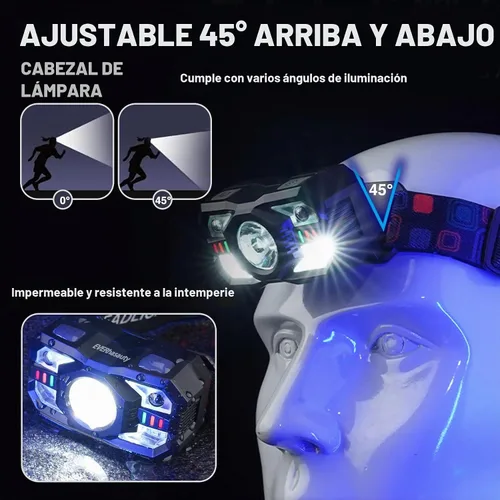Vista 6 de Linterna frontal recargable, 1200 lúmenes súper brillante LED con sensor de movimiento, 10 modos, impermeable, ligera, linterna con luz roja