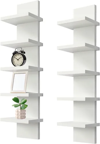 Vista 8 de YEXEXINM Paquete de 2 estantes de pared de 5 niveles, acabado laminado liso y estrecho, montaje de pared de columna vertical, organizador flotante
