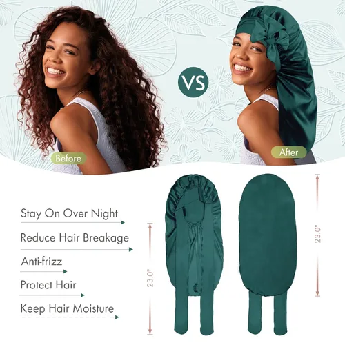 Vista 4 de BONNET QUEEN Gorro de Trenza de Seda Gorro Plegable Extra Largo para Trenzas con Banda de Atar, Capó de Satén Largo para Dormir, Verde Oscuro