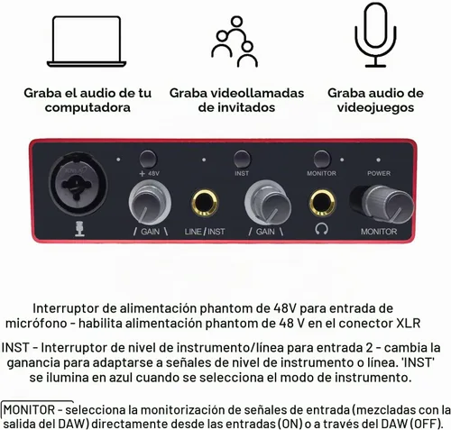 Vista 4 de Interfaz de audio USB con preamplificador de micrófono, grabadora mezcladora de audio USB con alimentación fantasma de 48 V, 24 bits, soporte