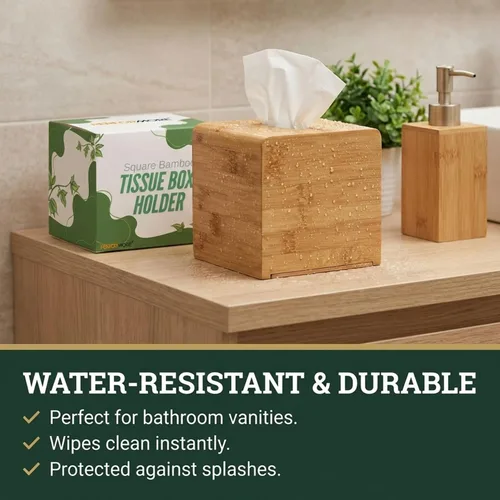Vista 4 de Performore Funda cuadrada de bambú para caja de pañuelos, elegante soporte de papel facial de madera resistente al agua para baño, escritorio