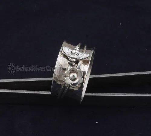 Vista 4 de Bee Spinner Ring, 925 Silver Ring, Handmade Spinner Ring, Gift For Wife, Wide Band Ring, Spiritual Ring Women, Fidget Flower Ring, Thumb Spinner