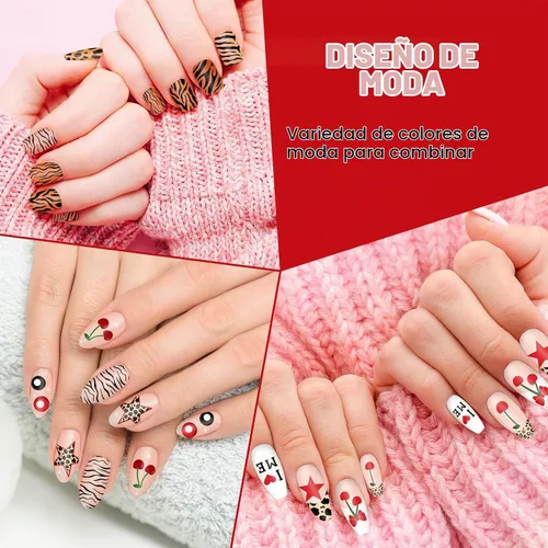 Vista 6 de Whaline Juego de 6 placas de estampado de uñas de guepardo y cerezas, arco de estrella de leopardo, cereza, placa de arte de uñas para bricolaje