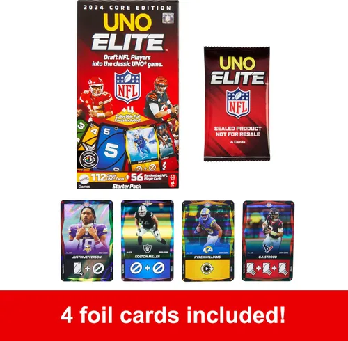 Vista 5 de Mattel Games UNO Elite - Juego de cartas de la NFL, edición central con licencia oficial 2024 con 4 tarjetas coleccionables de aluminio