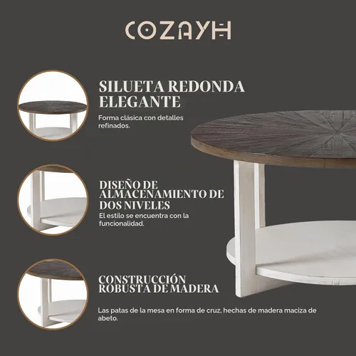 Vista 5 de Mesas de centro redondas de madera con almacenamiento, mesa de centro rústica con parte superior de madera envejecida, mesa circular grande