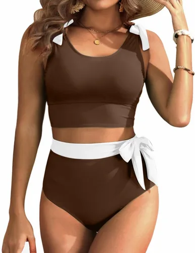 Vista 18 de Trajes de baño de dos piezas de cintura alta - Bikini con control de abdomen para mujer, traje de baño modesto 2 piezas 2025 Hot Red
