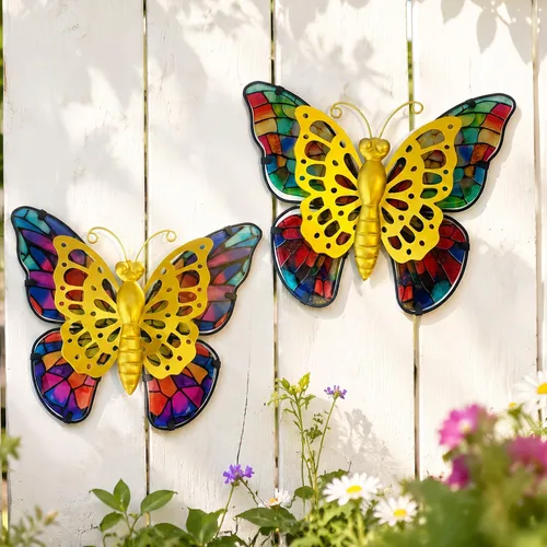 Vista 10 de HONGLAND Decoración de pared de mariposa de metal, escultura de arte para interiores y exteriores, decoración de cristal colgante azul
