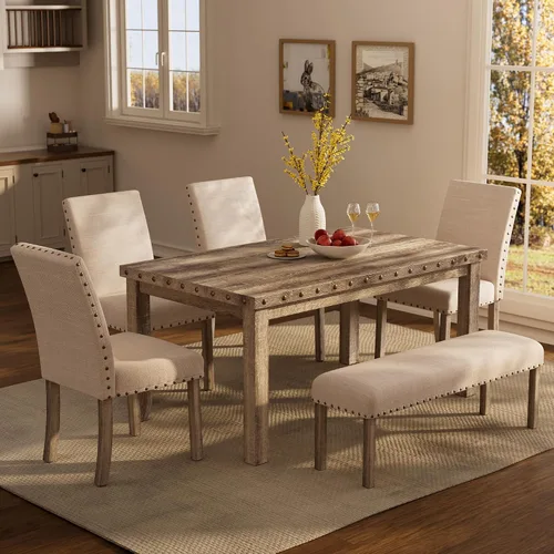 Vista 4 de Morden Fort Juego de Comedor Estilo Granja para 4, Mesa Rectangular de Madera de 60" y 4 Sillas Tapizadas con Detalles de Tachuelas, Juego de Mesa