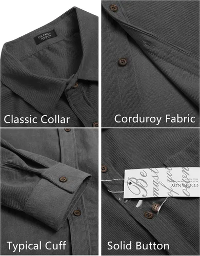 Vista 5 de COOFANDY Camisa de pana para hombre, casual, de manga larga, con botones, ligera, con textura de otoño