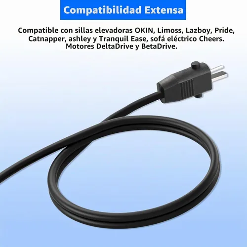 Vista 6 de Cable de alimentación de 6.6 pies para silla reclinable, cable de extensión reclinable eléctrico de 2 pines, piezas de repuesto para sofá