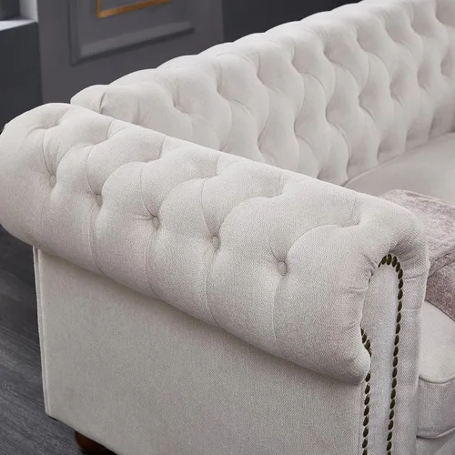 Vista 4 de Lestar Sofá Chesterfield de 3 plazas de 88 pulgadas con decoración de uñas en tela de lino, cómodos sofás para sala de estar (beige)
