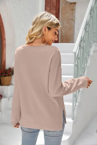 Vista 4 de Imysty Suéteres para mujer, cuello redondo, manga larga, abertura lateral, casual, suéter de punto