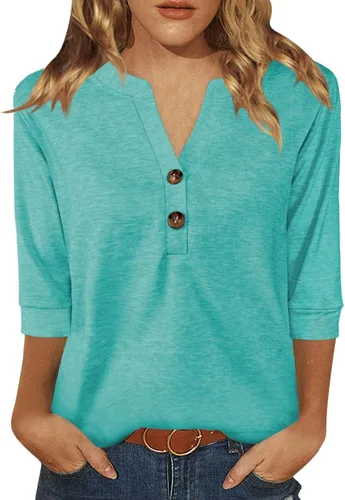 Vista 16 de Dimur Camisetas de manga 3/4 con cuello en V y botones para mujer, traje casual de negocios, camiseta básica de verano 2025