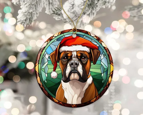 Vista 2 de Boxer - Adorno de cerámica con vitrales de Navidad, adorno colgante para árbol de Navidad, adorno de vitral de perro, adorno religioso