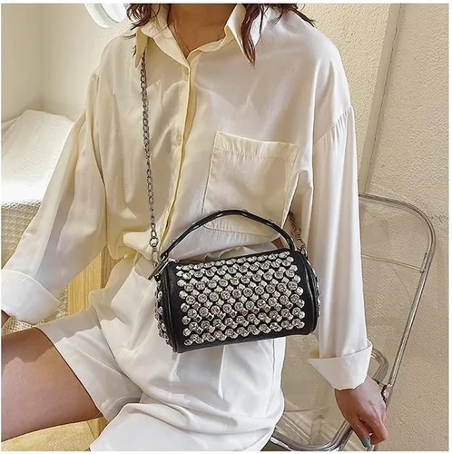Vista 4 de Bolso cruzado cilíndrico con diamantes de imitación, monedero de barril brillante para mujer