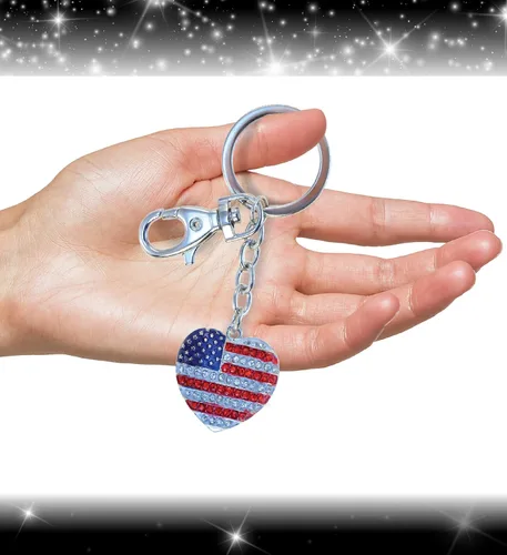 Vista 4 de Aqua79 - Llavero de corazón americano Bandera de Estados Unidos de plata 3D brillantes diamantes de imitación de aleación de metal duradero llavero