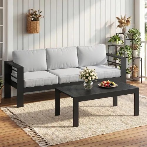 Vista 20 de Solaste Sofá de aluminio para patio con mesa auxiliar, juego de 3 muebles de patio con cojines, sofá de exterior para todo tipo de clima