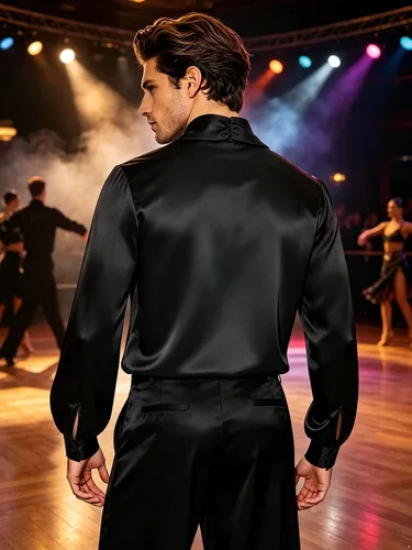 Vista 3 de Camisa de baile de salón moderna latina para hombre Negro