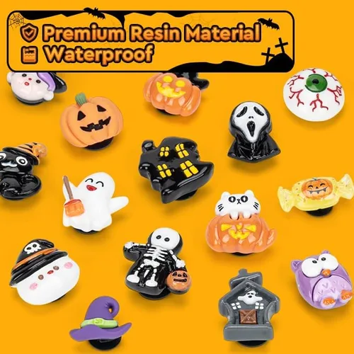 Vista 7 de Dijes de decoración de zapatos de Halloween para Crock, paquete de 32 dijes de resina para zapatos de zuecos y sandalias, pulseras, accesorios