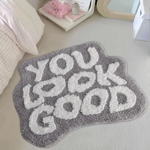 Vista 10 de Alfombra de baño negra con texto en inglés "You Look Good", alfombra de baño divertida, bonita, antideslizante, de microfibra, de felpa, pequeña