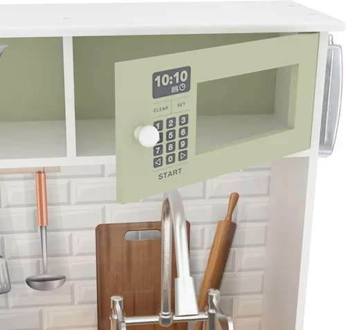 Vista 5 de Teamson Kids Little Chef Juego de cocina de madera – Cocina de simulación verde y blanco para niños con perillas interactivas, puertas y ganchos
