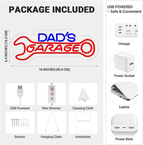 Vista 7 de Letrero de neón para garaje de papá, decoración de pared de garajes LED para taller, regalos para marido, papá, padre, hombres, rojo y azul