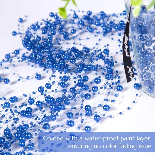 Vista 3 de DomeStar 36 cuerdas de perlas azules para velas flotantes, cuerdas de cuentas artificiales, perlas de imitación azules, rellenos de jarrón para mesa