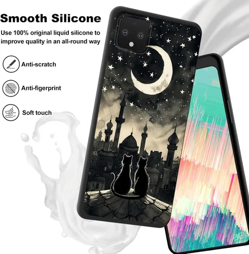 Vista 4 de Funda delgada para Google Pixel 4 XL, funda delgada de silicona de TPU suave a prueba de golpes para Google Pixel 4 XL, gato negro luna estrellada