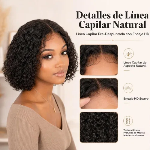 Vista 3 de Peluca de cabello humano rizado profundo de 12 pulgadas para NATURAL-RIZADO